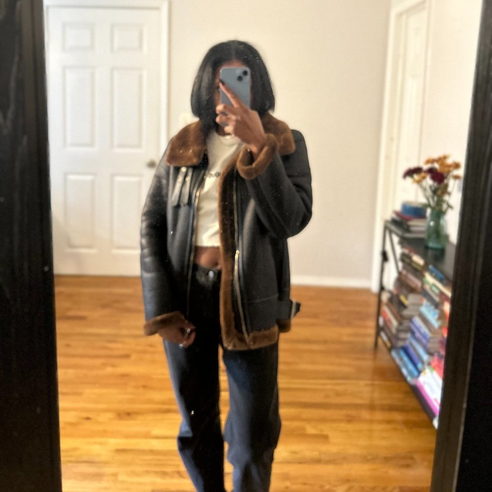 Zara Black Faux Leather Biker Jacket with Brown Faux Fur Trim